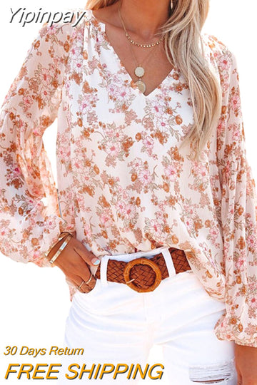 Yipinpay and Winter Fashion Women's V-neck Chiffon Top Women Lantern Sleeves Office T-shirt Floral Chiffon Shirt Female 2023 New